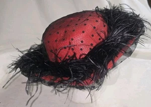 Vintage Red & Black Polka Dot Mesh Women’s Derby Hat Black Feathered Brim 2025 - Picture 1 of 10
