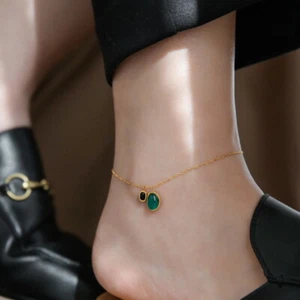 Woman 18K Gold Plated Simulated Emerald Black CZ Oval Charm Bangle Anklet 10 in - Picture 1 of 5