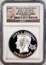 2014 British Virgin Islands $10 JFK, 2 Troy Oz .999 Silver, NGC UHR PF 69 UC!