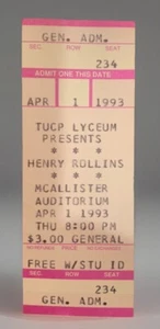 Boleto Henry Rollins palabra hablada 01/04/1993 Auditorio Tulane de Nueva Orleans - Imagen 1 de 2