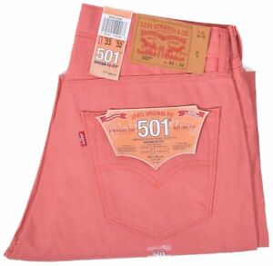 Levis 501 Mens Button Fly Shrink to Fit Salmon Pink Red Denim Jeans 