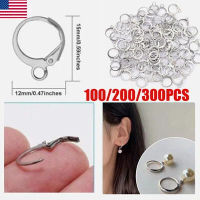 100-300x Round Leverback Ear Wires Silver Stainless Steel Earring Findings Lever - Image 1 of 4