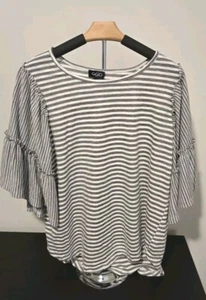 GiGio Women's Gray White Striped Polyester Flare Ruffle Sleeve Top Blouse Size L - Picture 1 of 4