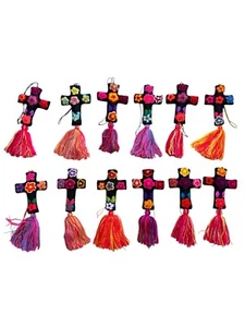 WHOLESALE 12 PIECE MEXICAN EMBROIDERED CROSSES , BAG CHARM , TASSEL , BLACK - Picture 1 of 6