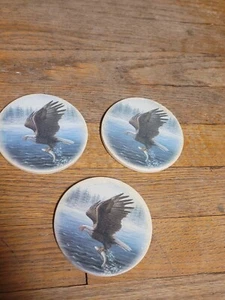 Bald Eagle Coasters Set Of 3 Ceramic VTG America Nature USA Patriotic Flying - Picture 1 of 6