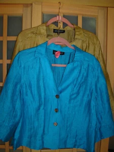 Jones New York LOT of 2 Linen Metallic Blouses Size 14 Petite, Turquoise, Gold - Picture 1 of 5