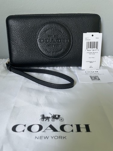 Portafoglio tecnico Coach Dempsey grande telefono nero pelle ciottoli cerniera intorno C4111 nuovo con etichette
