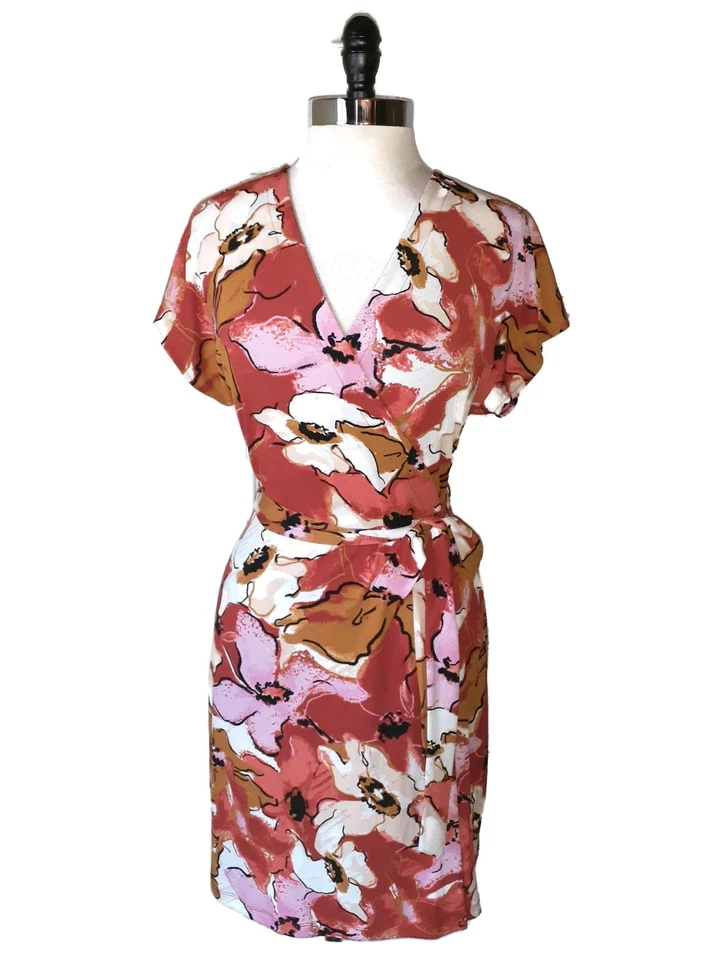 NINE WEST Size L Faux Wrap Dress Rust Red Brown Floral Short Sleeve Stretch Knit - image 1 of 4