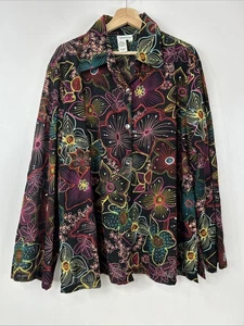 Blusa Coldwater Creek 3X Negra Multicolor Floral Bordada Lentejuelas Abotonada - Imagen 1 de 14