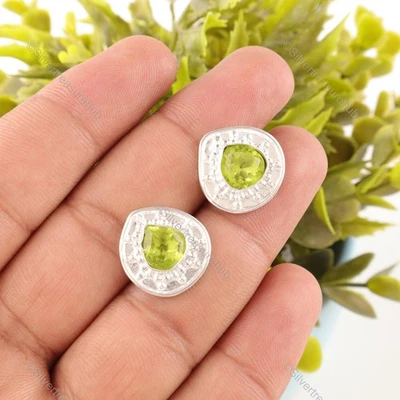 August Peridot Gemstone Art Deco Handcrafted Stud Earrings 925 Sterling Silver - Image 1 of 4