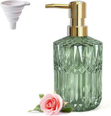 Dispensador de jabón de vidrio transparente con bomba a prueba de óxido dorado, cristal recargable verde L Foto 1 de 4
