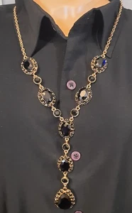 17" Hanging Black & Gold Encircled Teardrop Statement Necklace~Faux Onyx~3" Ext. - Picture 1 of 13