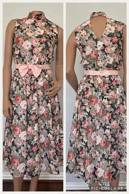 Vestido chá floral vintage anos 80 Lanz Petite bolsos sem mangas Cottagecore tamanho 6 - Imagem 1 de 4