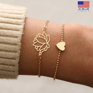 Fashion Women Jewelry Bracelet Hollow Lotus 3D Love Heart Wrist Chain 0642 - Picture 1 of 5