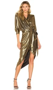 Zhivago Picture This Gold Lame Wrap Dress $725, Size 8 - Picture 1 of 9