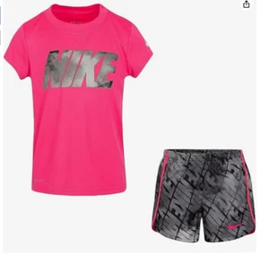 NIKE Girls 2pc shorts Set T-shirt Athletic Shorts 2 piece 2T 3T 4T 5 6 6X Pink - Picture 1 of 33