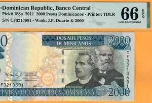 DOMINICAN-2000 PESOS DOMINICANOS-2011-S/N 3213691-P.188a **PMG 66 EPQ GEM UNC** - Picture 1 of 3