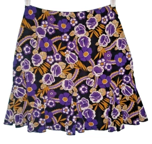 Briggs ~ Black Gold Purple Floral Jersey Gored Pull On A-Line Party Skirt PL - Picture 1 of 2