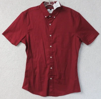 Mens TOPMAN Red Short Sleeve Button Front Down Collar Shirt Size L Stretch Slim - Image 1 of 4