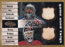 2000-01 Upper Deck Heroes Game Used Twigs Gold - Patrick Roy/Martin Brodeur /50