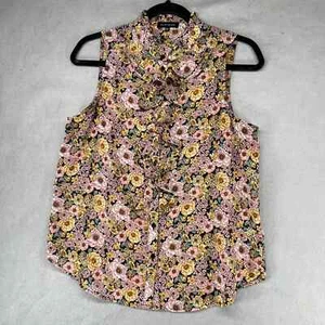 Pleione Tank Top Womens Size Small Pink Yellow Ditsy Print Blouse Ruffle Neck - Picture 1 of 9