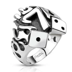 Edelstahl Ring Silber Flamme Lucky 7 Würfel Poker Zocker Karten Silver Flame