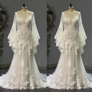Bohemian Long Sleeves Wedding Dresses V Neck Mermaid Lace Tulle Wedding Gowns - Picture 1 of 9