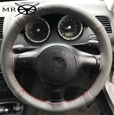 FOR VW POLO MK4 GREY TWO TONE LEATHER STEERING WHEEL COVER 02-09 DARK RED STITCH - image 1 of 3