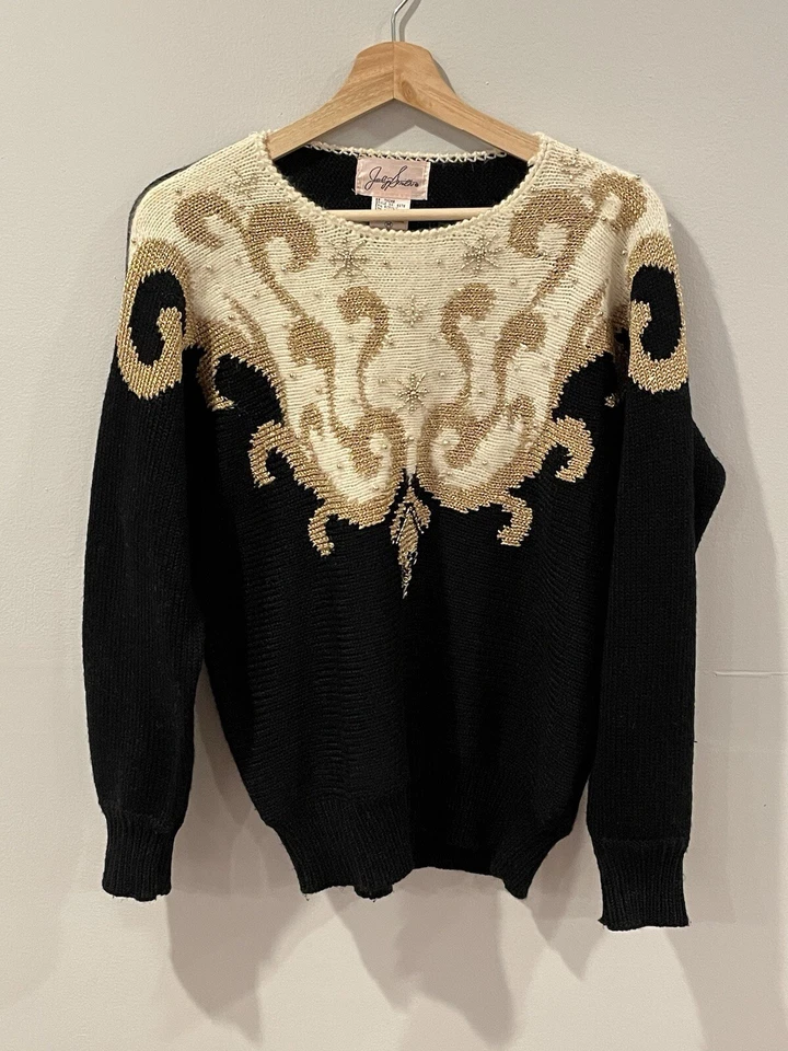 Suéter vintage anos 80 Jaclyn Smith preto dourado metálico enfeitado com miçangas médio - Imagem 1 de 4