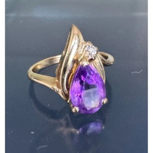 14K YELLOW GOLD AMETHYST AND DIAMOND RING SIZE 3.5 SKY - Picture 1 of 10