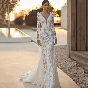 Sexy Mermaid Wedding Dresses V-Neck Long Sleeves Lace Appliques Bridal Gowns - Picture 1 of 7