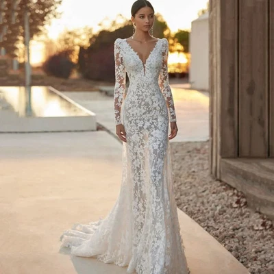 Sexy Mermaid Wedding Dresses V-Neck Long Sleeves Lace Appliques Bridal Gowns - Image 1 of 4