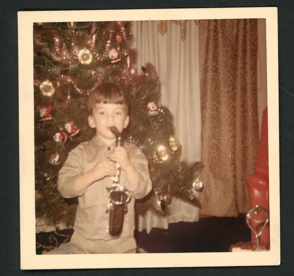 Boy with Toy Saxophone Christmas Tree Photo 1960s Americana Toys Musician - Image 1 of 1