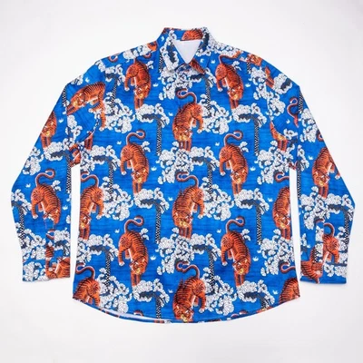 Camisa Gucci Estilo Tigre de Bengala Para Hombre Grande Estampado Completo Colorido Floral Azul Foto 1 de 4