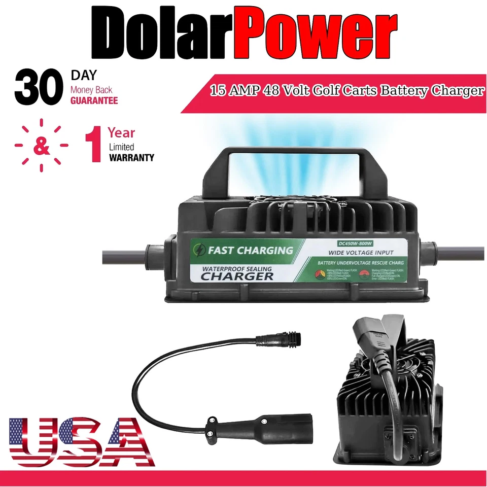 New 48 Volt 15 Amp Golf Cart Battery Charger for Club Car 3-Pin Round Plug IP67 - Image 1 of 4