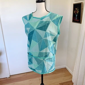 Vintage Handmade Cotton Apron Smock Teal Blue Shirt Apron Geometric Size Small - Picture 1 of 9