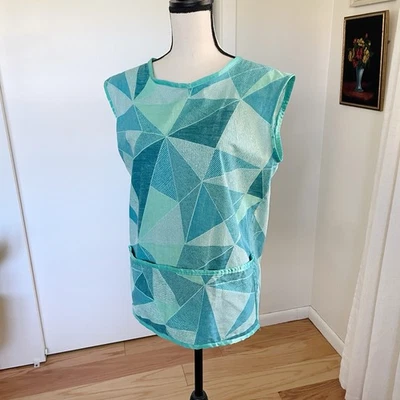 Vintage Handmade Cotton Apron Smock Teal Blue Shirt Apron Geometric Size Small - Image 1 of 4