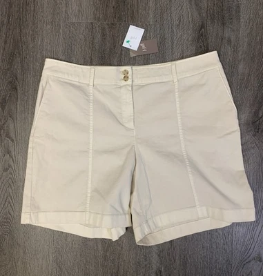NUEVO CON ETIQUETAS J. Jill Pantalones Cortos de Algodón Costuras Talla 14 Tostado Caqui Guijarro Claro Cintura Alta 7” Foto 1 de 4