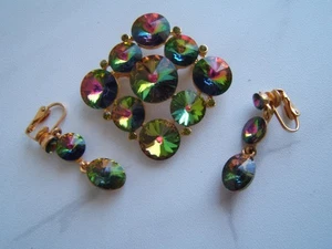 VINTAGE WEISS WATERMELON RIVOLI RHINESSTONE BROOCH & CLIP-ON EARRINGS - Picture 1 of 13