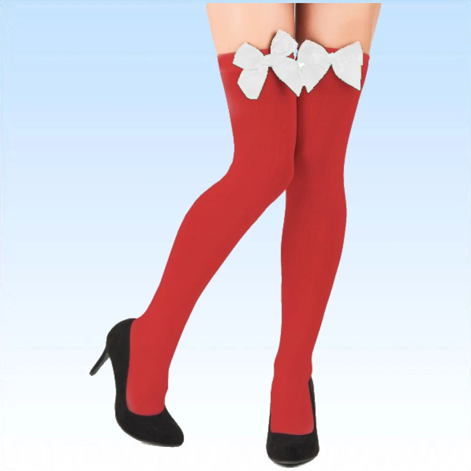 Kniestrümpfe mit Schleife rot / weiß Überknie Overknee Strümpfe Feinstrümpfe - Bild 1 von 1