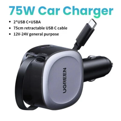 Carregador de carro UGREEN 75W 2 em 1 cabo retrátil PD QC 4.0 USB C para iPhone iPad - Imagem 1 de 4