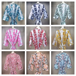 New Hand Block Printed Cotton Kimono, Indian Handmade Hand Printed Bath Robe - Picture 1 of 33