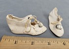 2.75" Antique DOLL SHOES Bisque Pointed Toe Center Tie Cream Oval Buckle READ