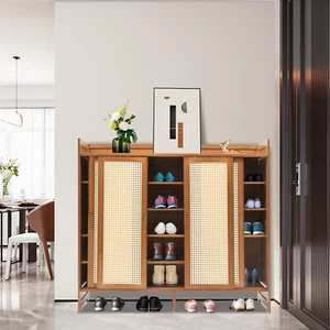 Zapatero con Puertas Correderas Bidireccionales 6 Niveles Bambú Independiente Zapatero - Imagen 1 de 22