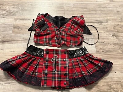 Vtg Foreplay Red Plaid Skirt & Top Set  Black Lace Cross Accents M/L Punk grunge - Image 1 of 4