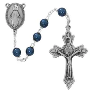 Silver Toned Miraculous Medal Metallic Blue Prayer Bead Lock Linked Rosary 7mm - Picture 1 of 2