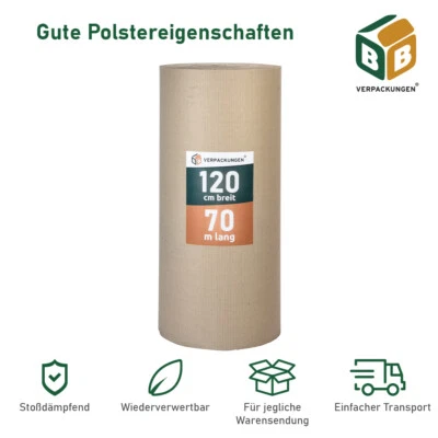 BB-VERPACKUNGEN GMBH Rollenwellpappe 1,2 x 70 m C-Welle recycelbar schützt Polstermaterial Wellpappe