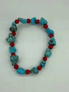 Natural Turquoise and Red Coral Round and Tumbled Beaded Stretch Bracelet - Picture 1 of 1