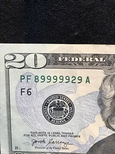 Fast solide in einer Reihe 89999929 ausgefallene Seriennummer 20 $ Schein Währung - Bild 1 von 10