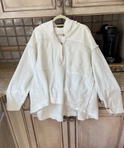 Free People Corie Sweatshirt Hooded Reverse Pacthwork Fuzzy Cuff Rib Ivory S NEW - Picture 1 of 4